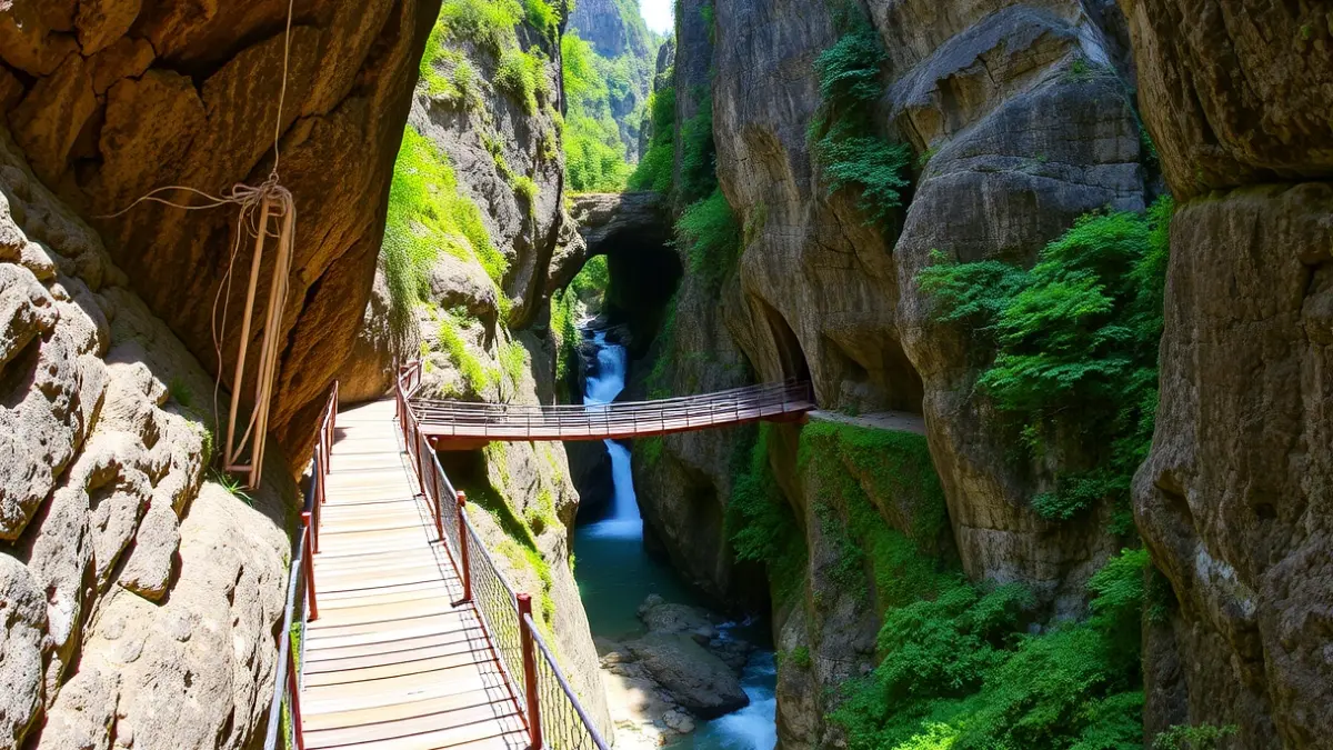 Wooden walkway in the Castril river gorge, with a suspension bridge and a waterfall.