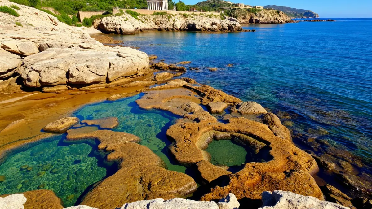 Piscinas naturales en la costa de Tarifa con ruinas romanas al fondo.