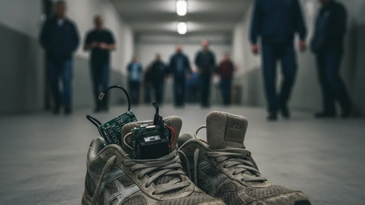 Image of sneakers with a hidden compartment, possibly containing prohibited items.