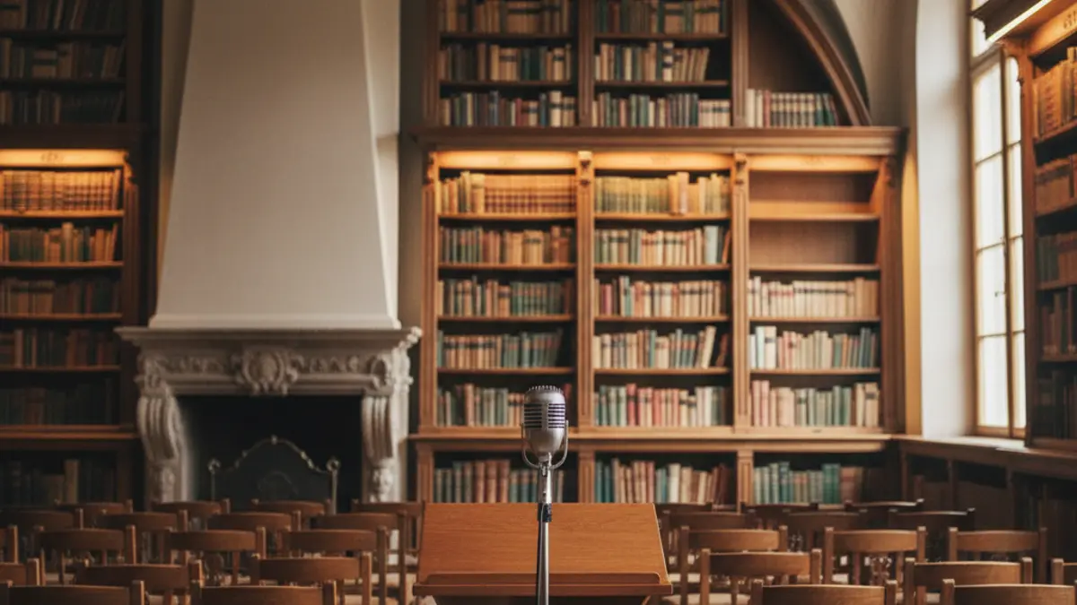 Generic image of a library with wooden bookshelves and a podium with a microphone.