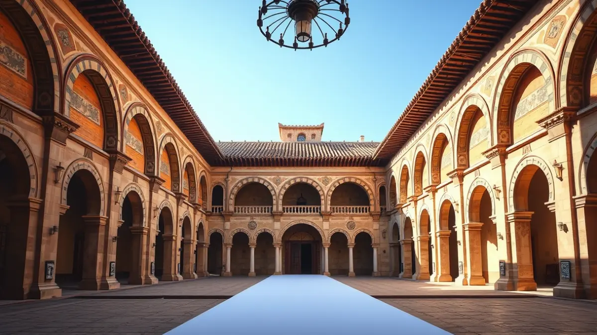 Imagen del patio de un palacio histórico andaluz, con arcos y arquitectura mudéjar, bajo la luz del sol de la tarde.