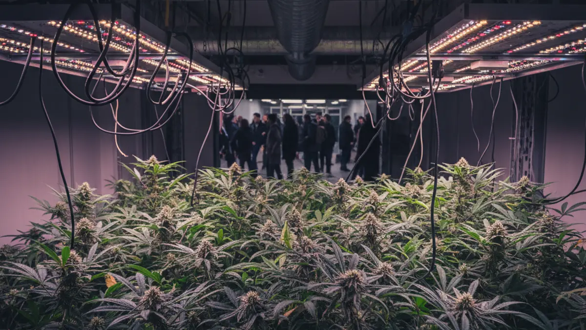 Imagen de una plantación de marihuana en interior con luces de cultivo y equipos de aire acondicionado.