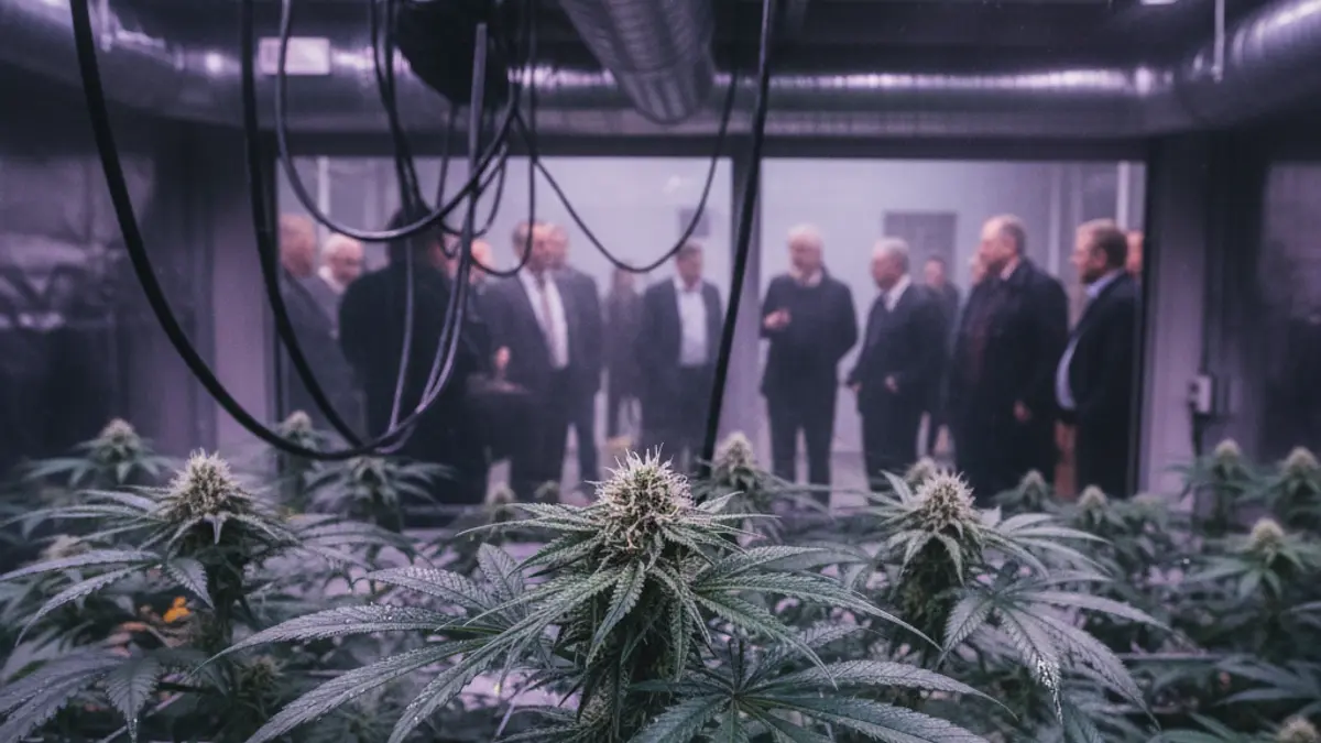 Image of an indoor marijuana plantation with grow lights.