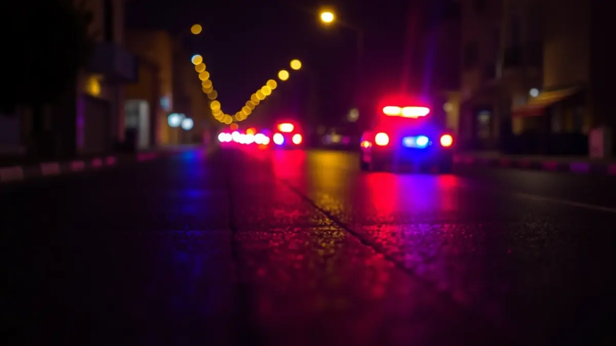 Imagen genérica de luces de emergencia policiales reflejadas en el asfalto mojado.
