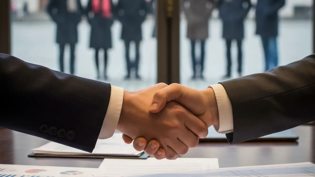Generic image of a handshake over a desk, symbolizing a business agreement.