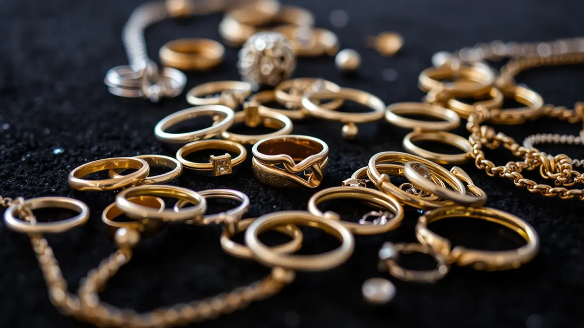 Imagen genérica de joyas de oro y plata, como anillos y collares, sobre una superficie oscura.