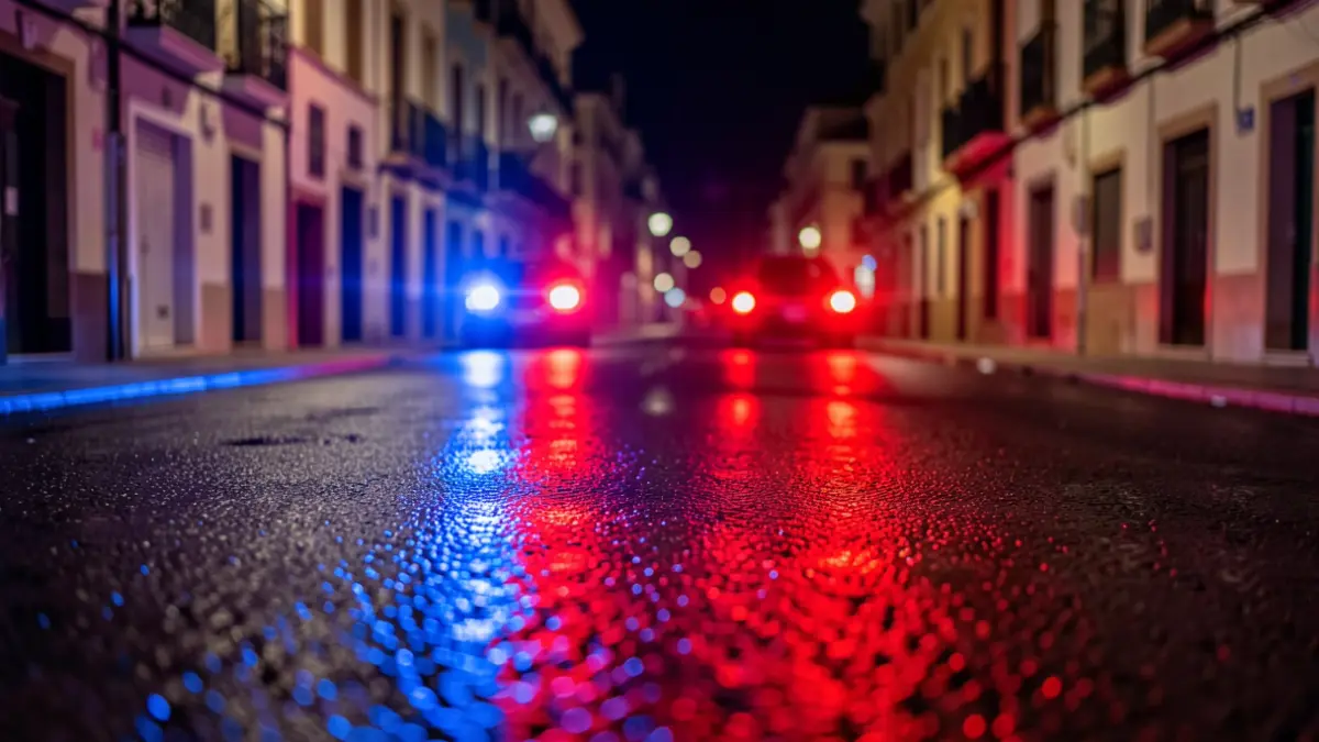 Imagen genérica de luces de emergencia policiales reflejándose en el asfalto mojado por la noche.