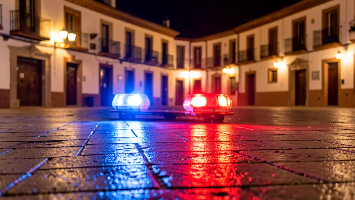 Imagen genérica de luces de emergencia policiales reflejándose en el asfalto mojado por la noche en una plaza andaluza.