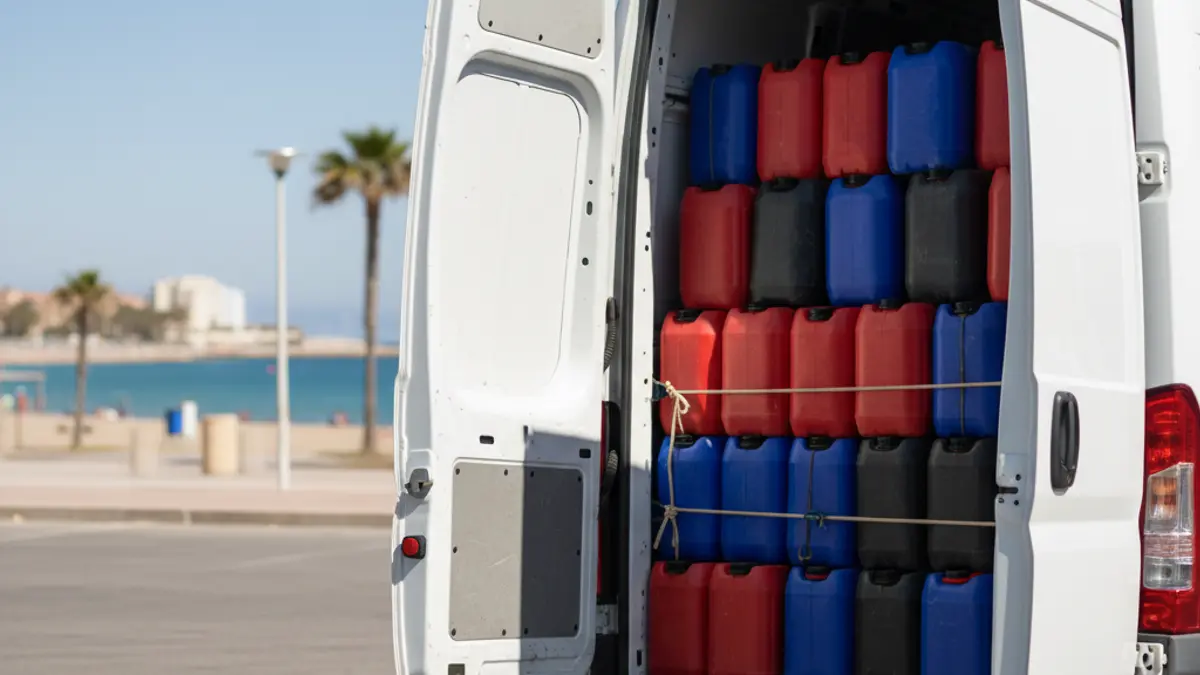 White van with gasoline containers inside, parked near a beach in Almería.