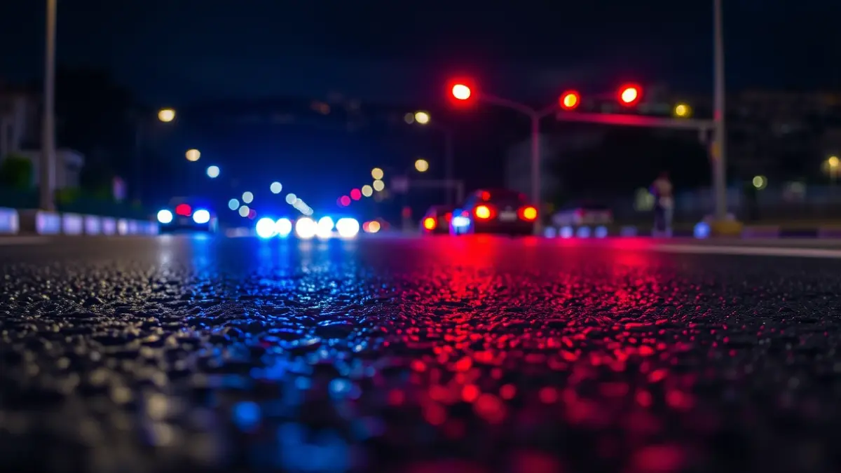 Generic image of emergency lights reflecting on wet asphalt.