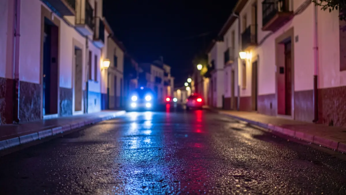 Generic image of police emergency lights reflecting on wet asphalt at night.