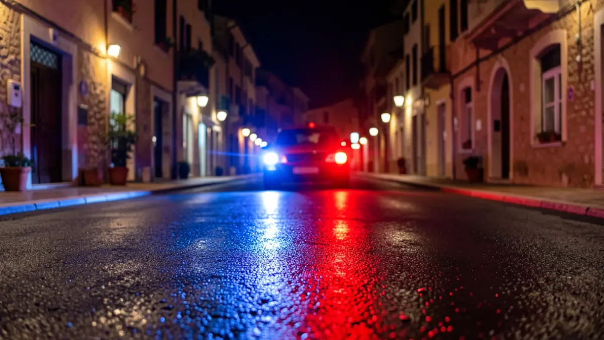 Imagen genérica de luces de emergencia policiales reflejándose en el asfalto mojado por la noche.