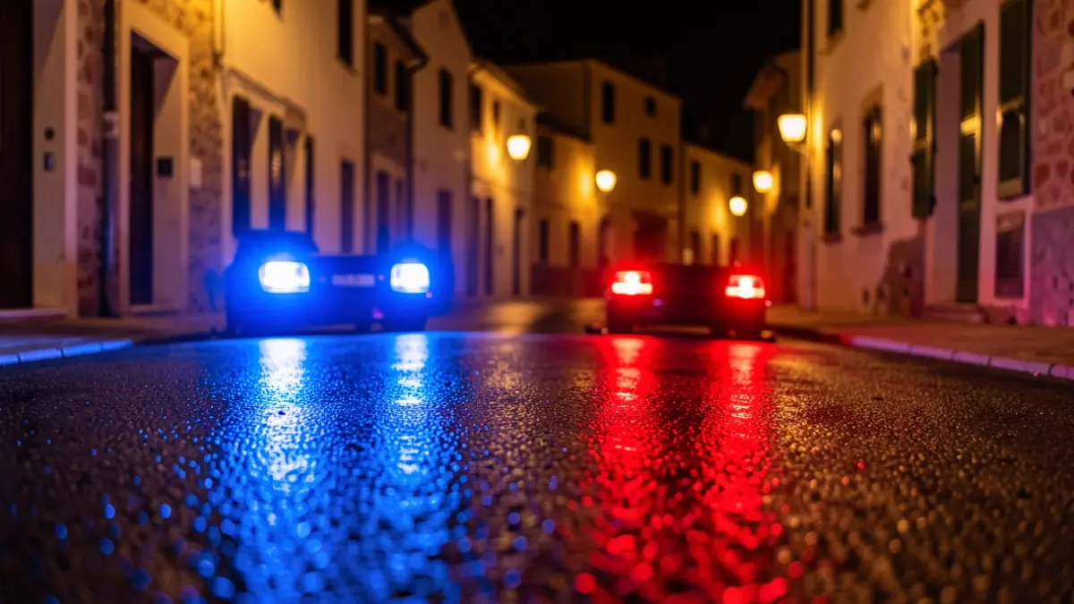 Generic image of police emergency lights reflecting on wet asphalt at night.