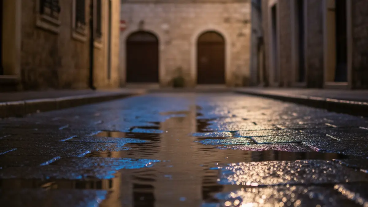Generic image of emergency lights reflected on wet asphalt.