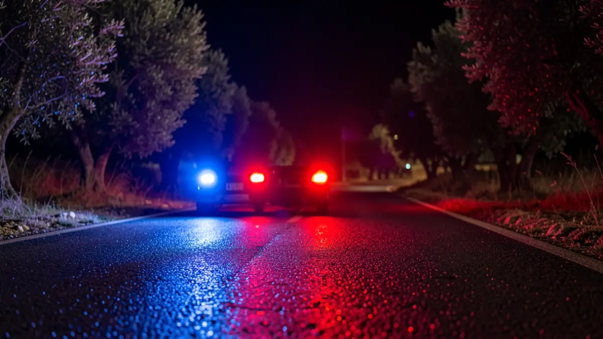 Imagen genérica de luces de emergencia policiales reflejándose en el asfalto mojado por la noche en un entorno rural andaluz.