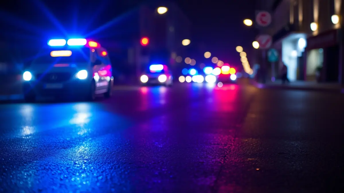 Generic image of police emergency lights reflected on wet asphalt.