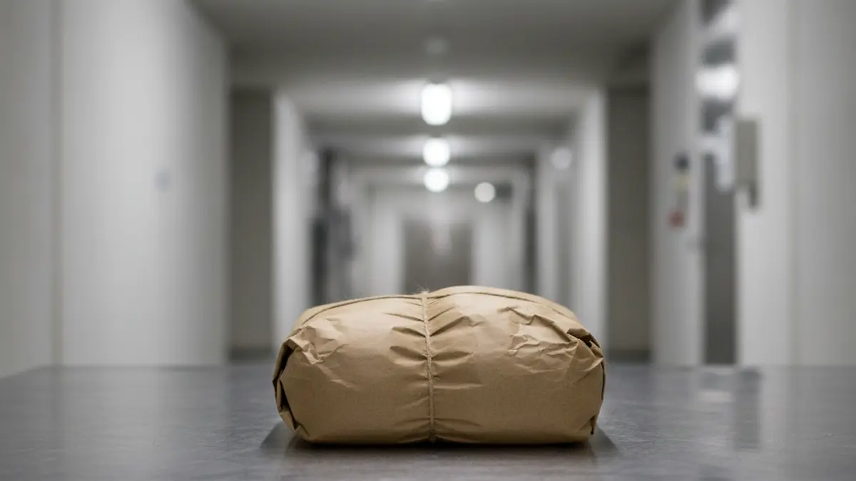 Image of a suspicious package on a table in an institutional setting.