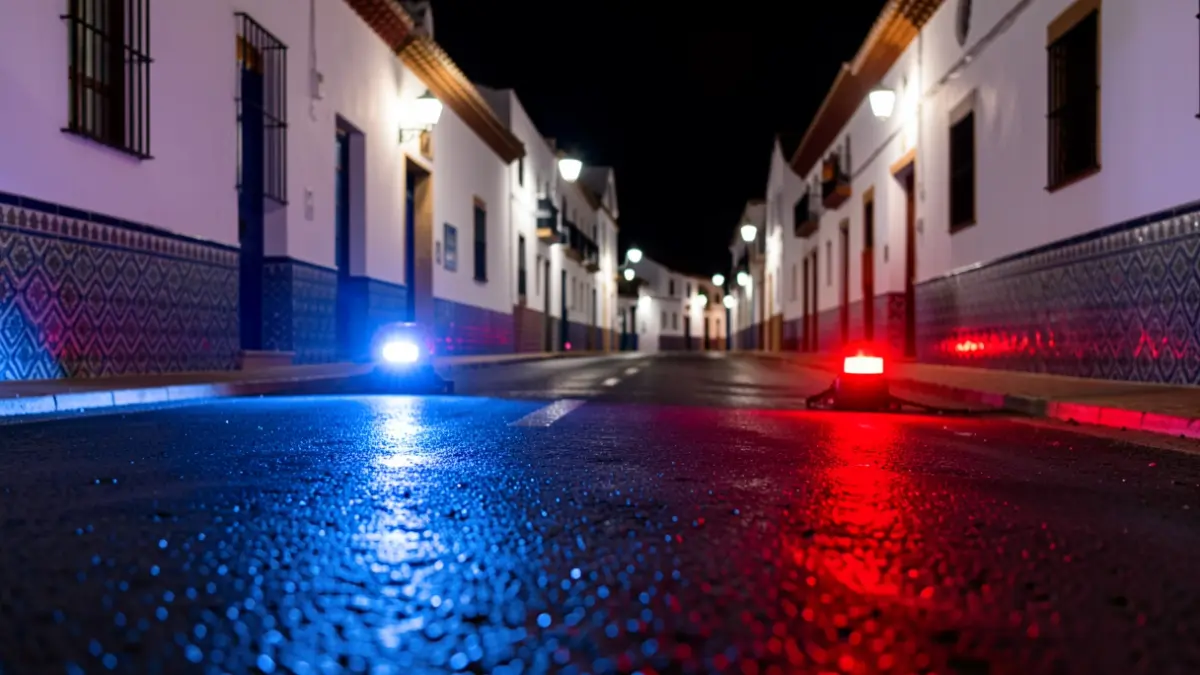 Imagen genérica de luces de emergencia policiales reflejándose en el asfalto mojado por la noche.