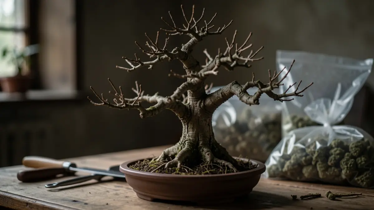 Image of a bonsai tree recovered by the Civil Guard alongside marijuana buds and tools.