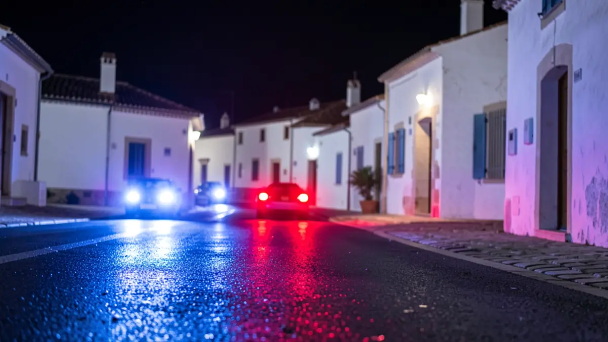 Imagen genérica de luces de emergencia policiales reflejándose en el asfalto mojado por la noche.