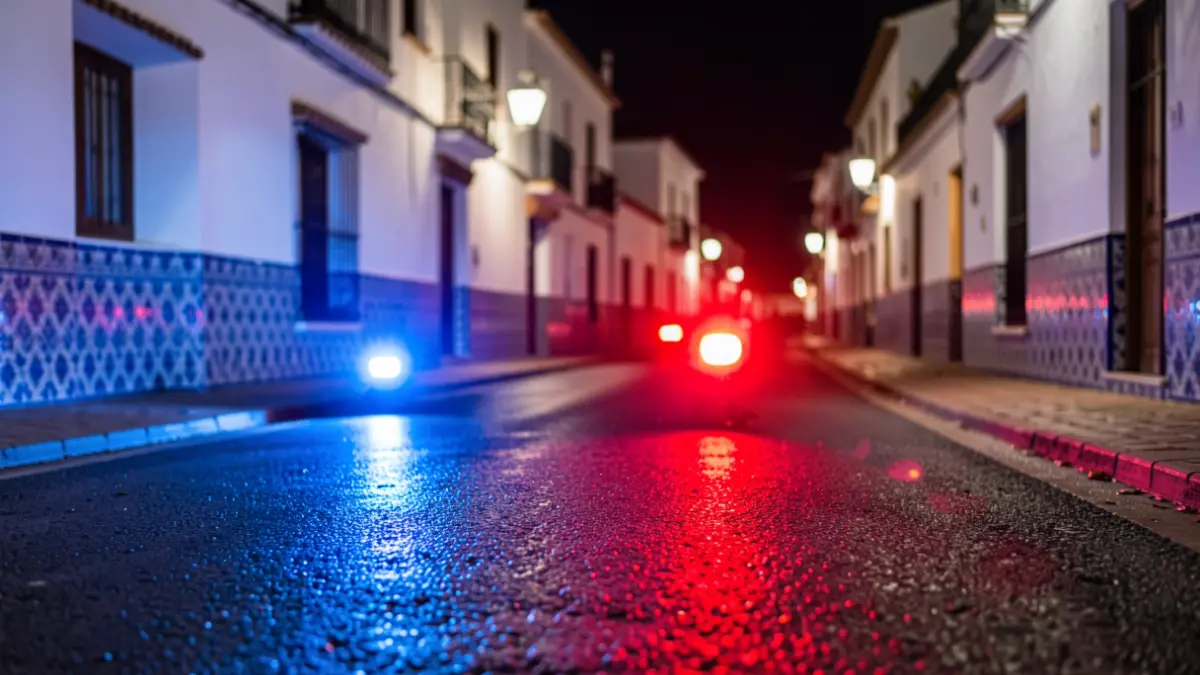Imagen genérica de luces de emergencia policiales reflejándose en el asfalto mojado por la noche.