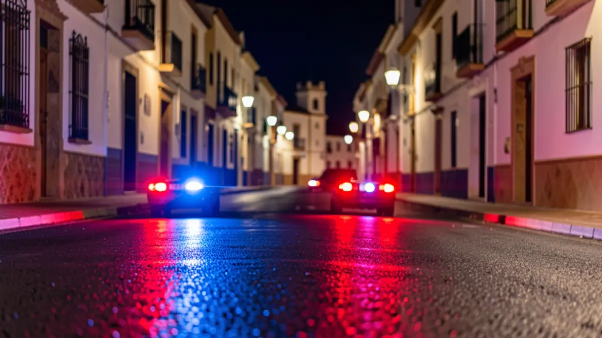 Imagen genérica de luces de emergencia policiales reflejándose en el asfalto mojado por la noche.