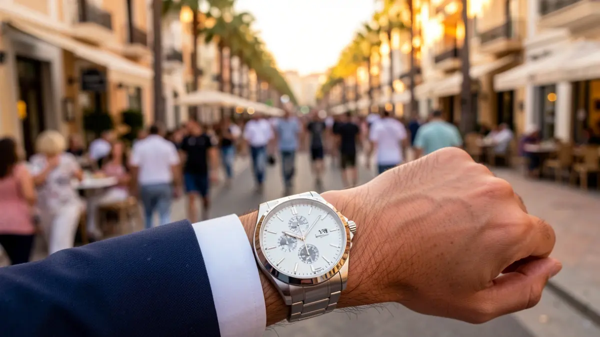 Primer plano de un reloj de lujo en la muñeca de una persona, con el fondo borroso de una calle turística concurrida en Marbella, España.