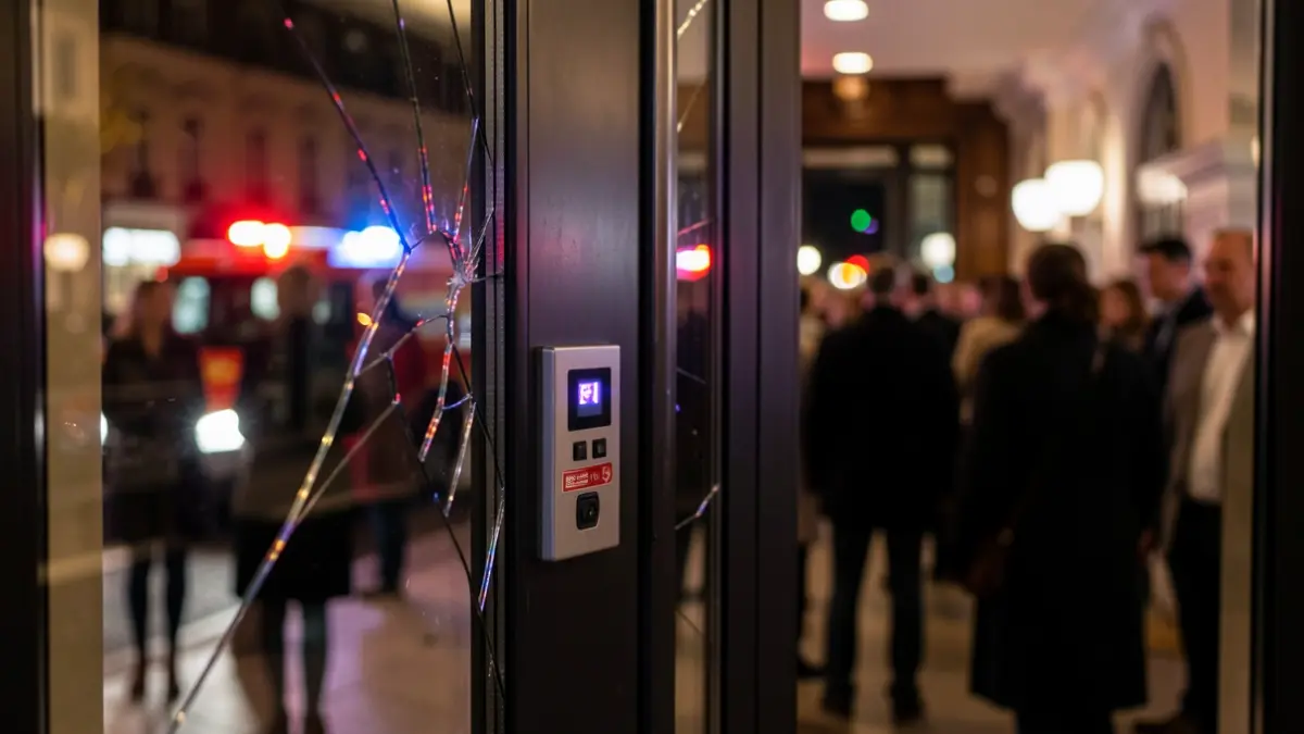 Generic image of a forced entry into a commercial establishment with an alarm panel visible.