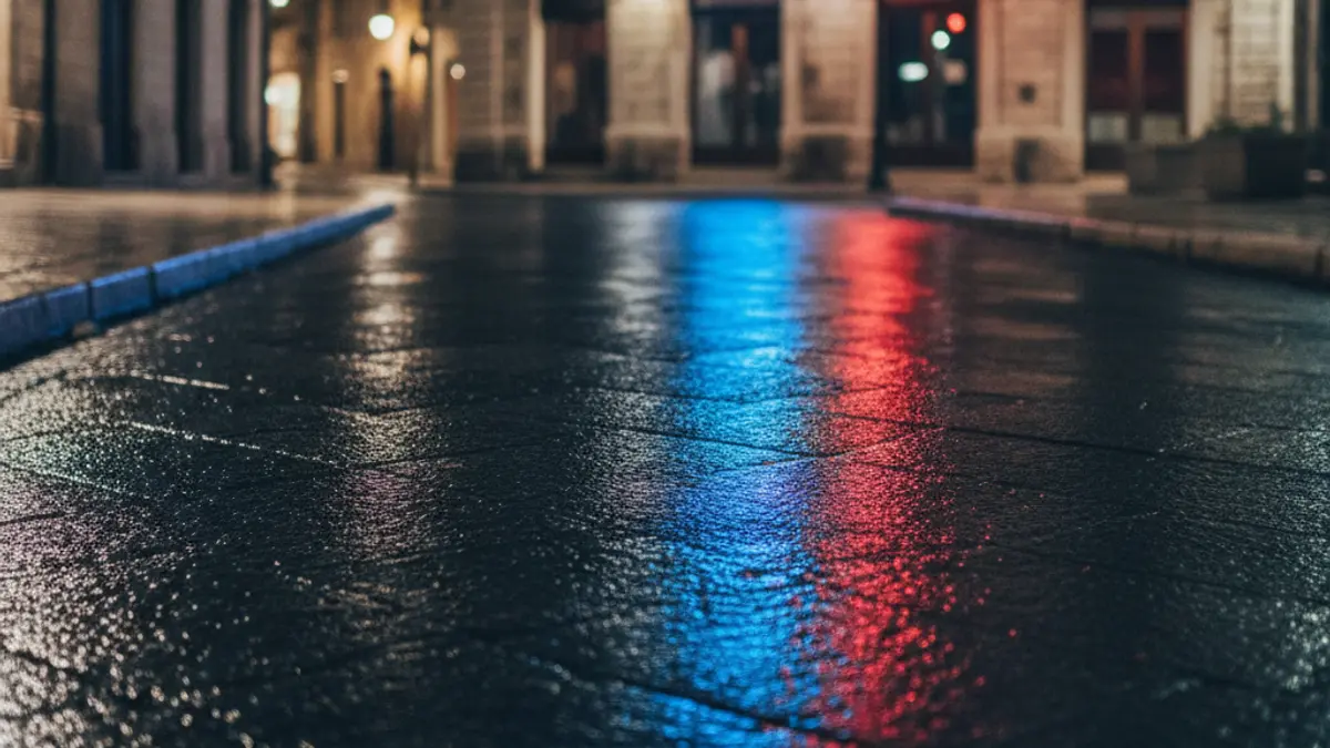 Generic image of police emergency lights reflecting on wet asphalt.
