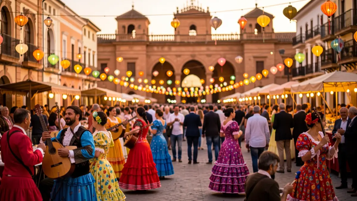 Imagen genérica de la Feria de Córdoba con ambiente festivo y arquitectura tradicional al atardecer.