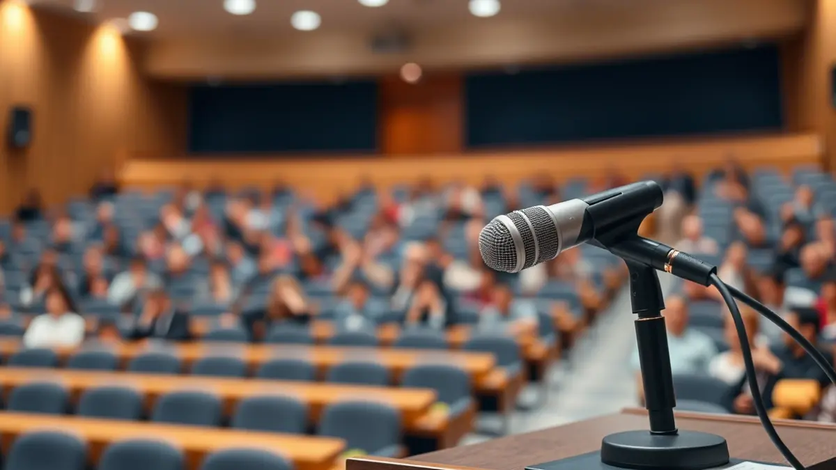 Generic image of a microphone on a podium in a university lecture hall.