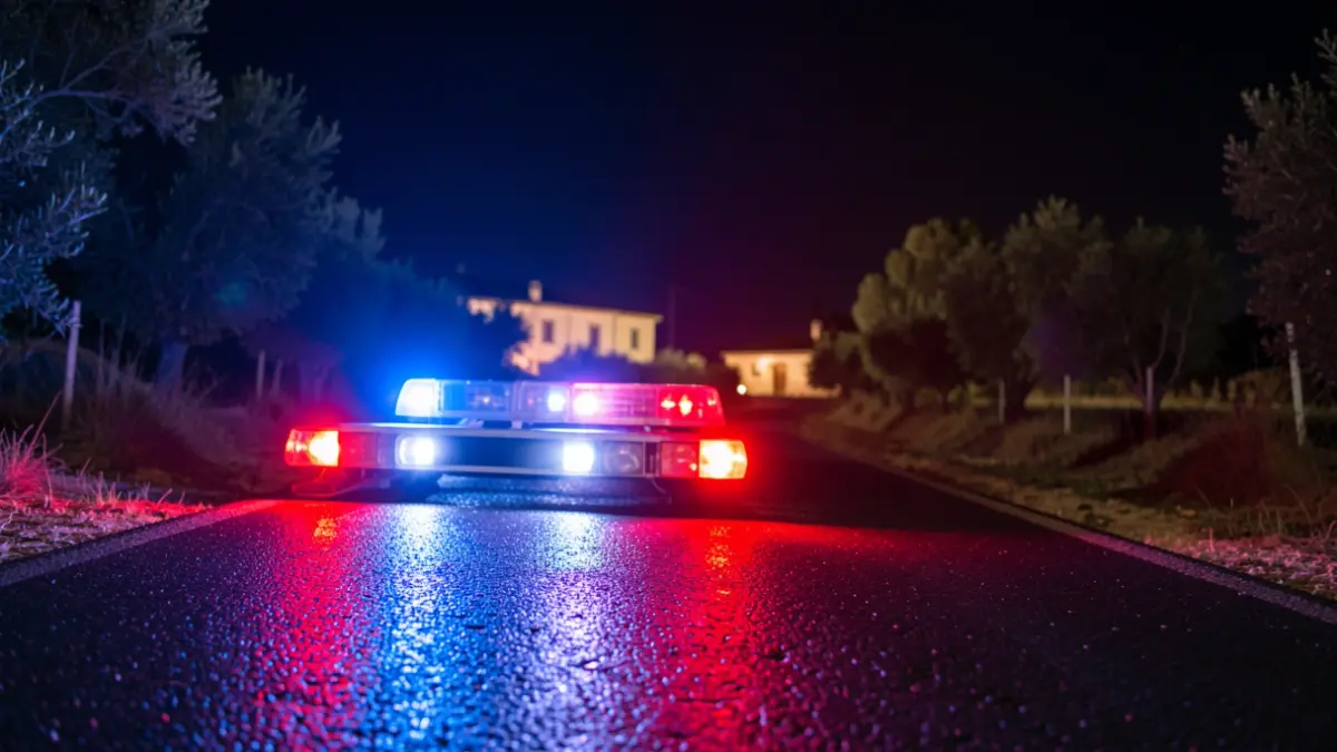 Imagen genérica de luces de emergencia policiales reflejándose en el asfalto mojado por la noche.