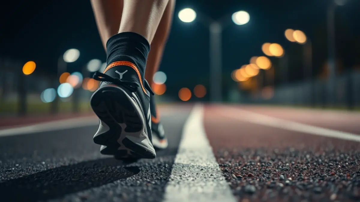 Generic image of running shoes on an athletics track at night.