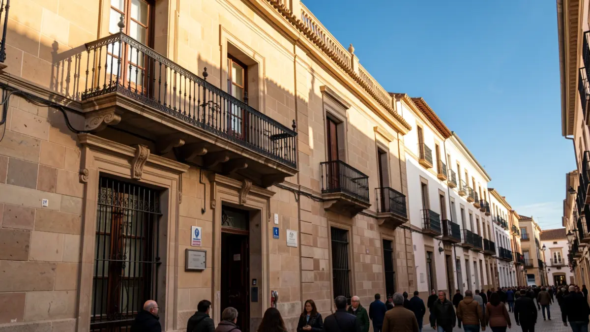 Generic image of an Andalusian town hall facade with a balcony and iron railings, under the afternoon sunlight.