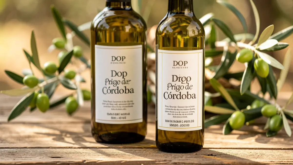 Imagen de dos botellas de aceite de oliva virgen extra de la DOP Priego de Córdoba.