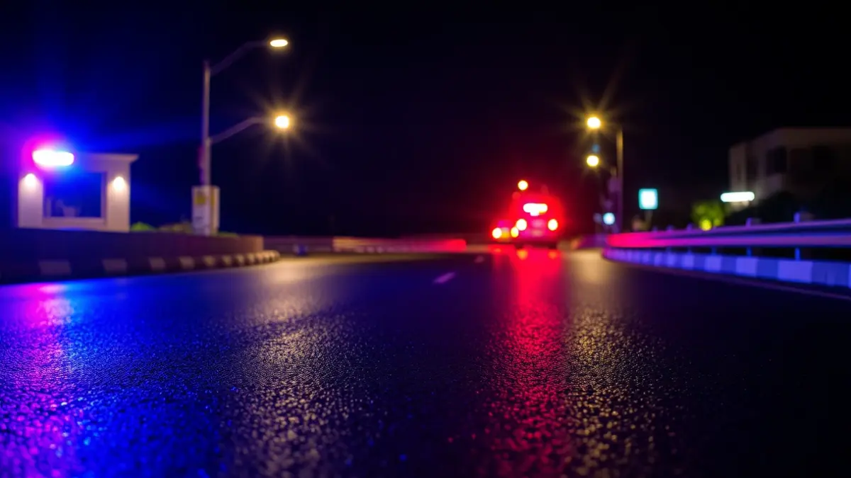 Generic image of emergency lights reflected on wet asphalt.