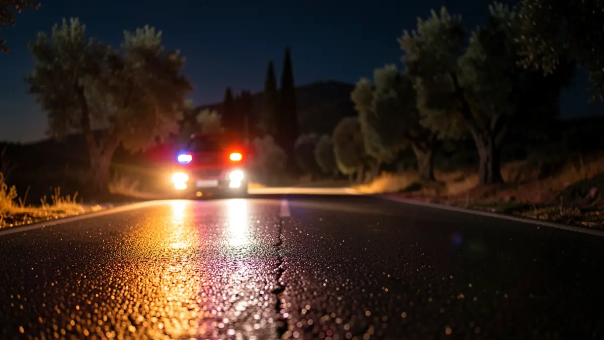 Imagen de luces de emergencia reflejadas en el asfalto tras un accidente.