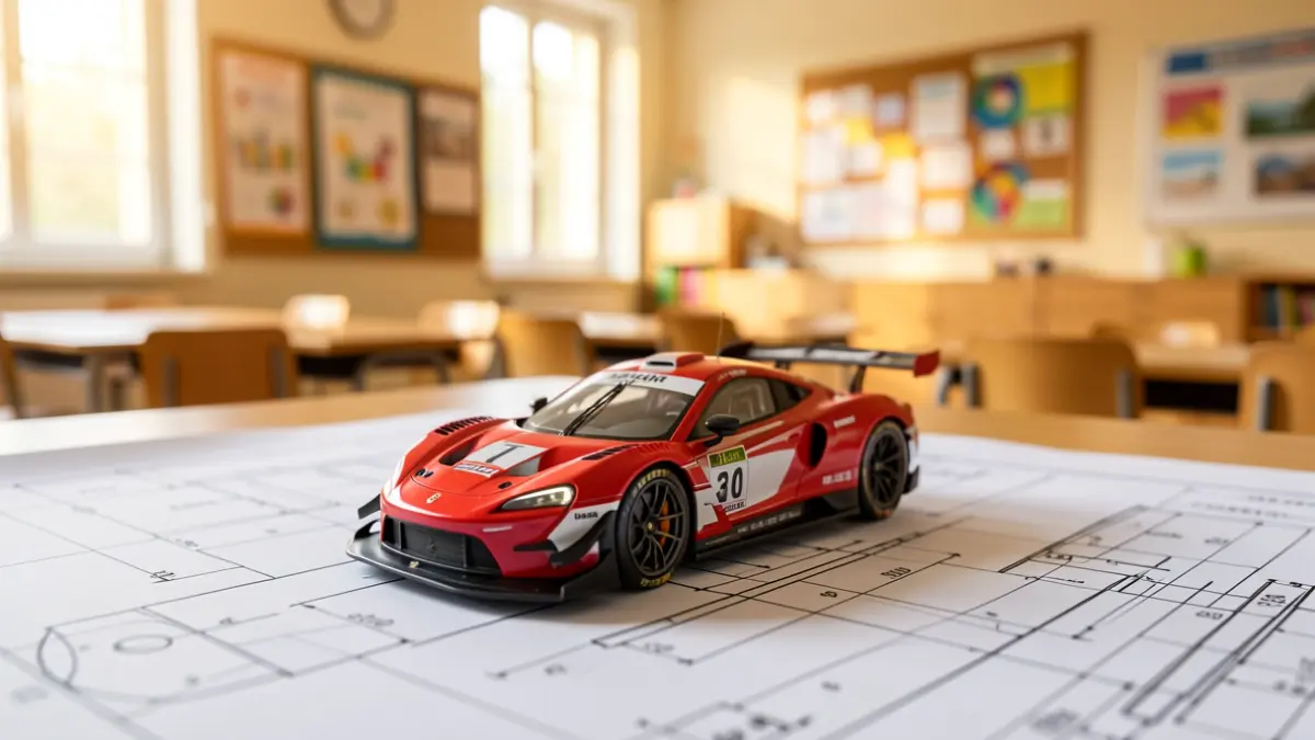 Imagen genérica de un proyecto tecnológico educativo con un coche de carreras en miniatura.