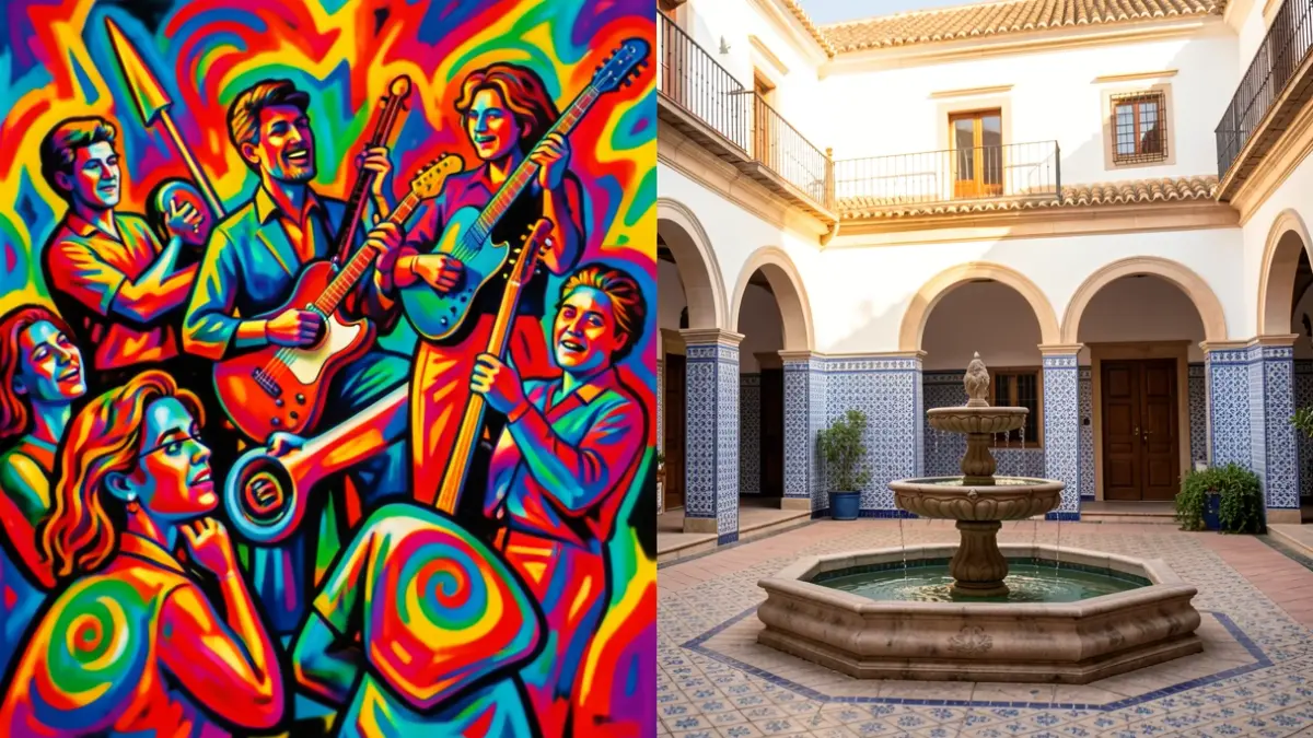 Imagen dividida que representa la dualidad de Sevilla: una escena musical de los años 70 y un patio andaluz tradicional.