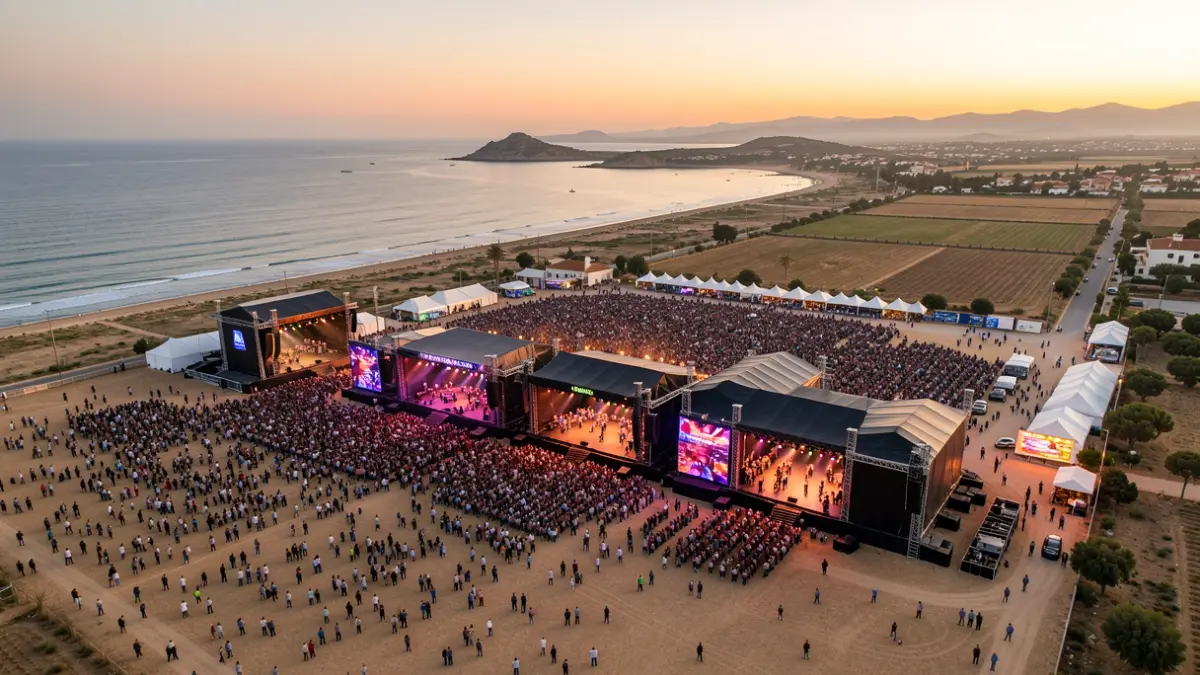 Vista aérea de un gran festival de música al aire libre en la costa andaluza al atardecer.