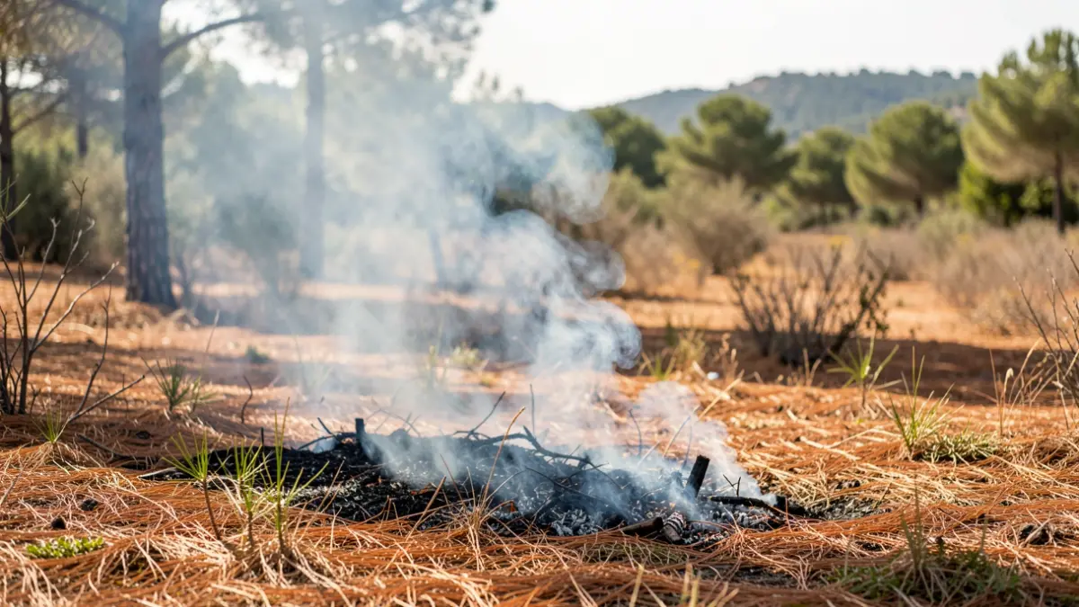 Image of smoke emerging from the ground in a dry forest area, indicating an underground fire in Doñana.