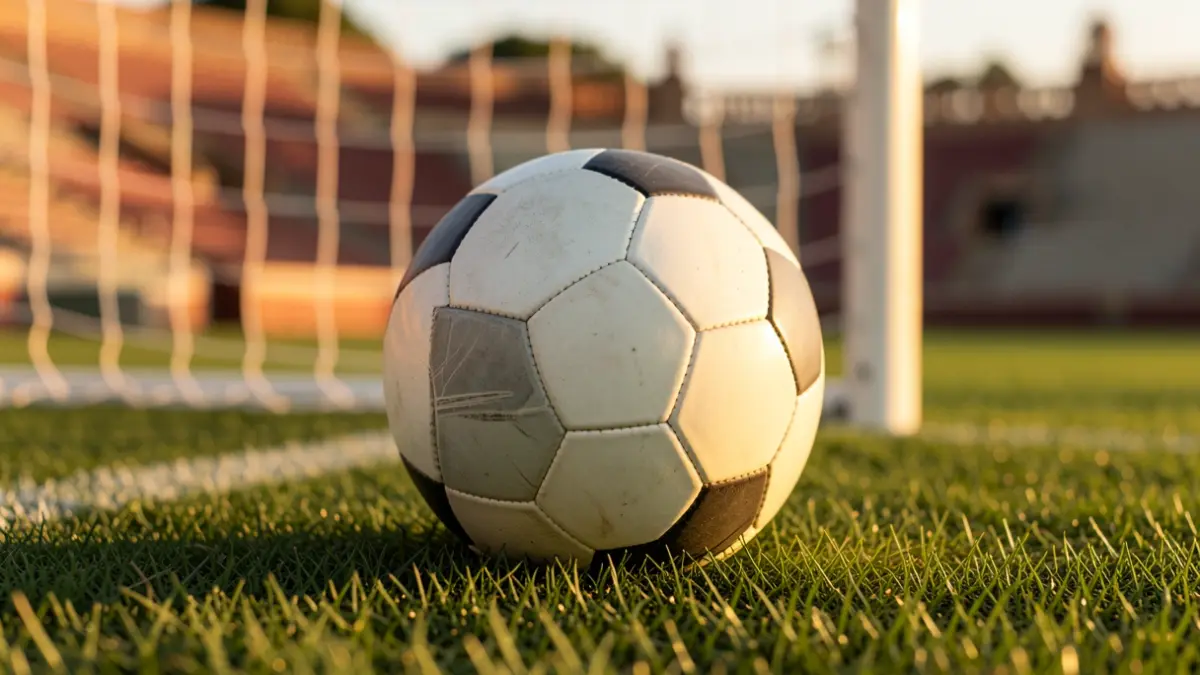Generic image of a soccer ball on grass with a blurred goal net in the background.