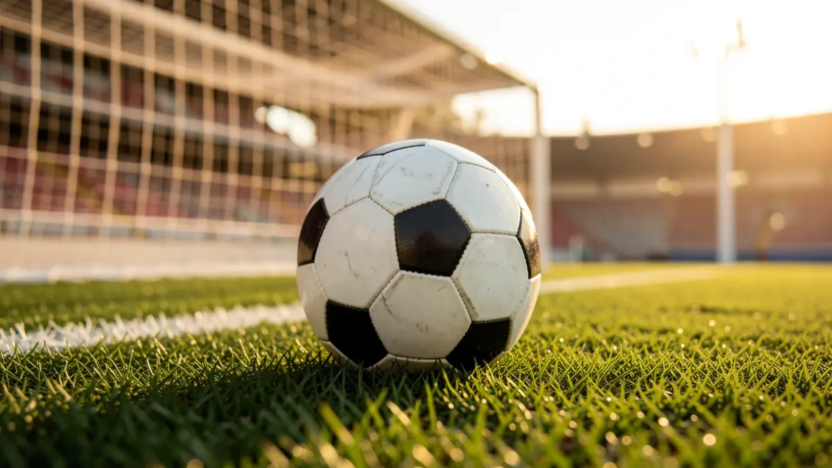 Imagen genérica de un balón de fútbol sobre césped con la portería desenfocada.