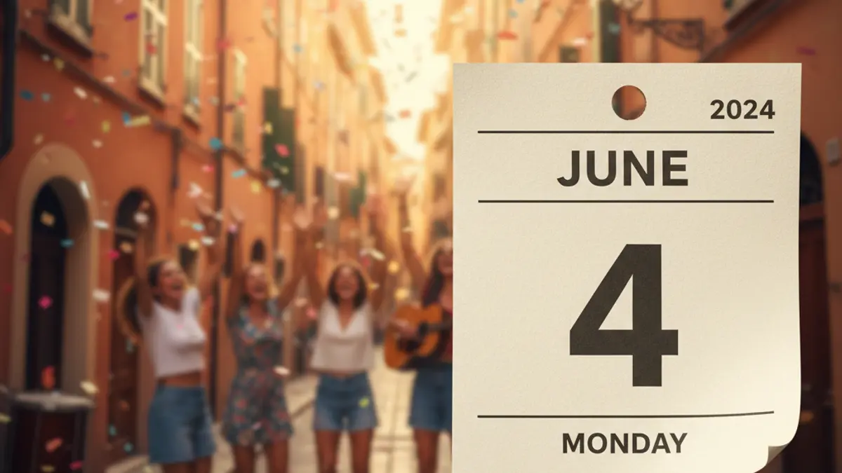 Image of a calendar marking June 4th, with a blurred festive background.