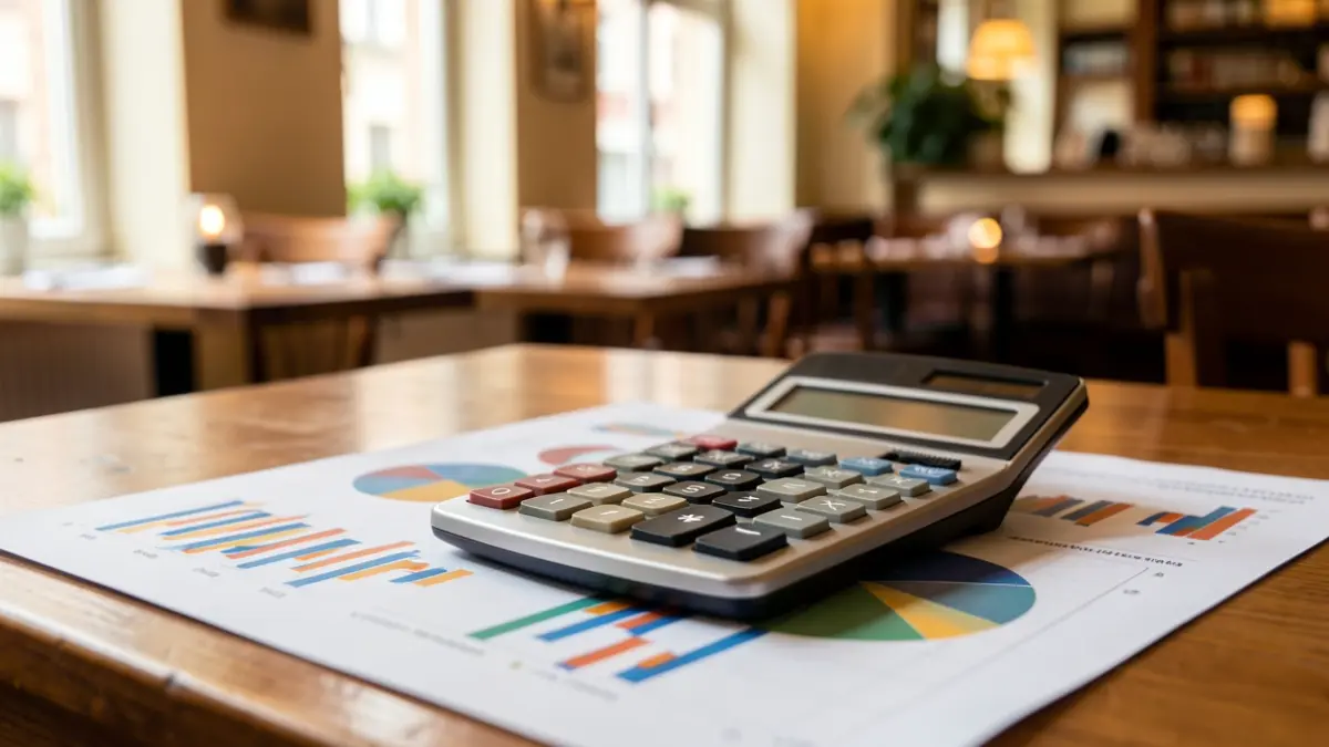 Generic image of a calculator and financial charts on a restaurant table.