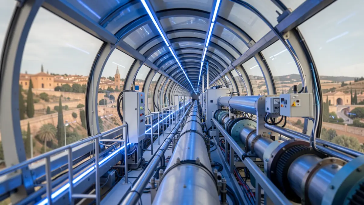 Imagen de un túnel de acelerador de partículas moderno con luces azules brillantes y maquinaria compleja, simbolizando la investigación científica avanzada y la colaboración internacional.