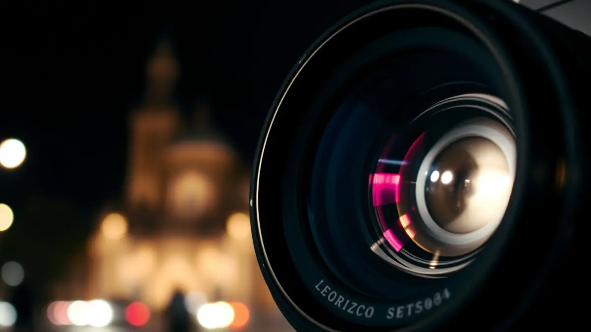 Imagen de una lente de cámara de cine con reflejos de luces urbanas, evocando el rodaje de una serie.