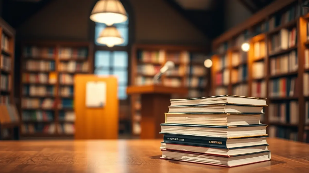 Generic image of a literary presentation or cultural event with books and a microphone.