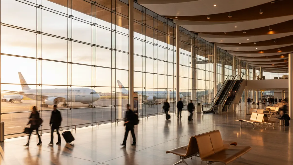 Imagen genérica de un aeropuerto con pasajeros y aviones al fondo.