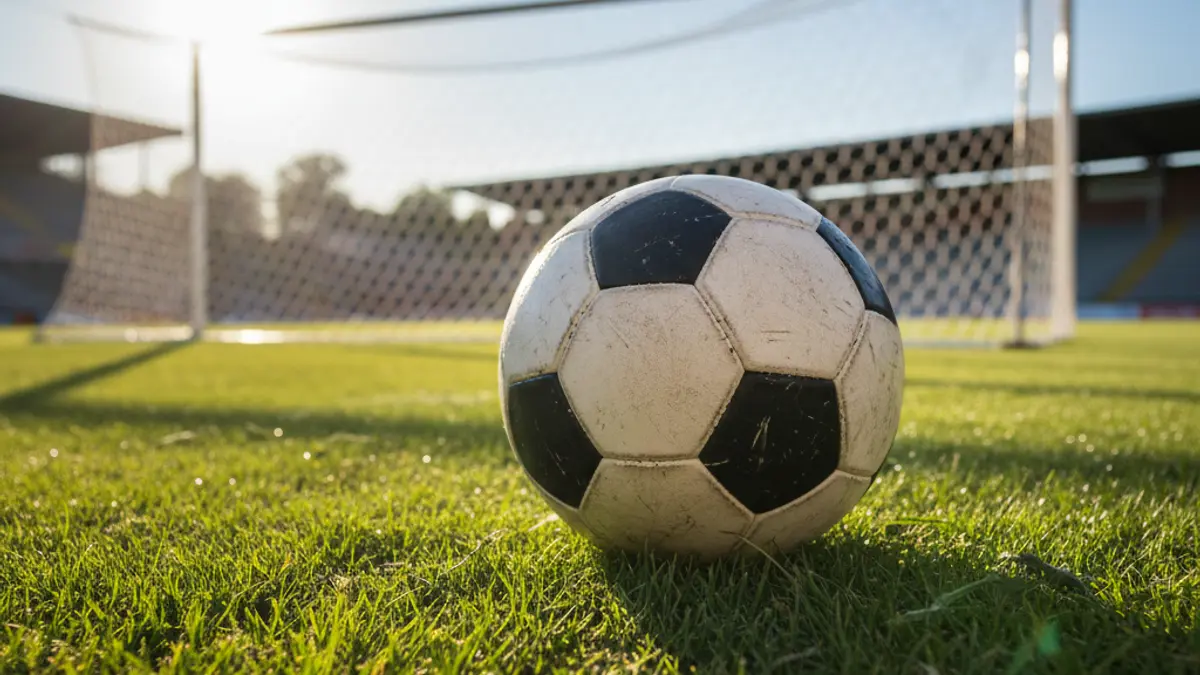Generic image of a soccer ball on grass, with a blurred goal in the background.